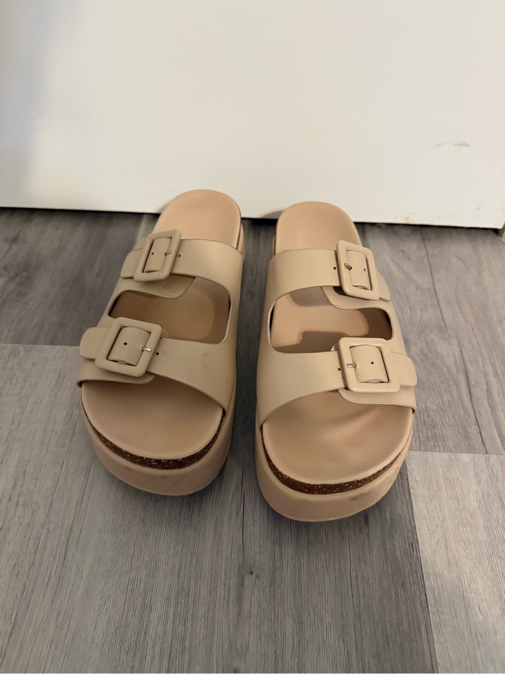 ⭐️ Double Buckle Platform Slide Sandals in Beige